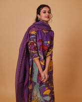 Kalamkari waterfall Cotton Kurta Set – Purple with Animal & Floral Design with Coordinated Dupatta